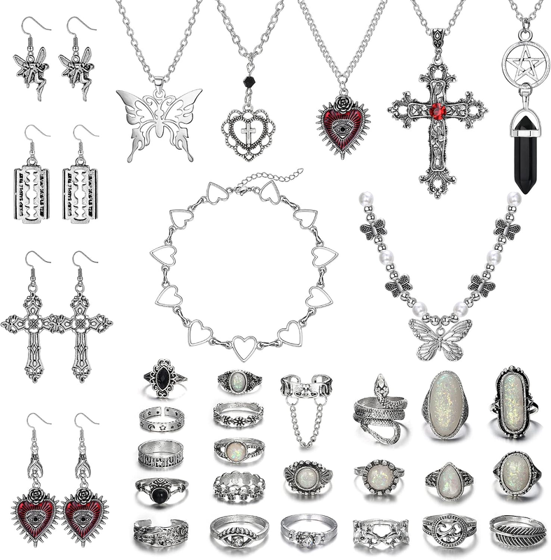 33Pcs Grunge Vintage Punk Necklace Earrings Rings Y2K Jewelry Set