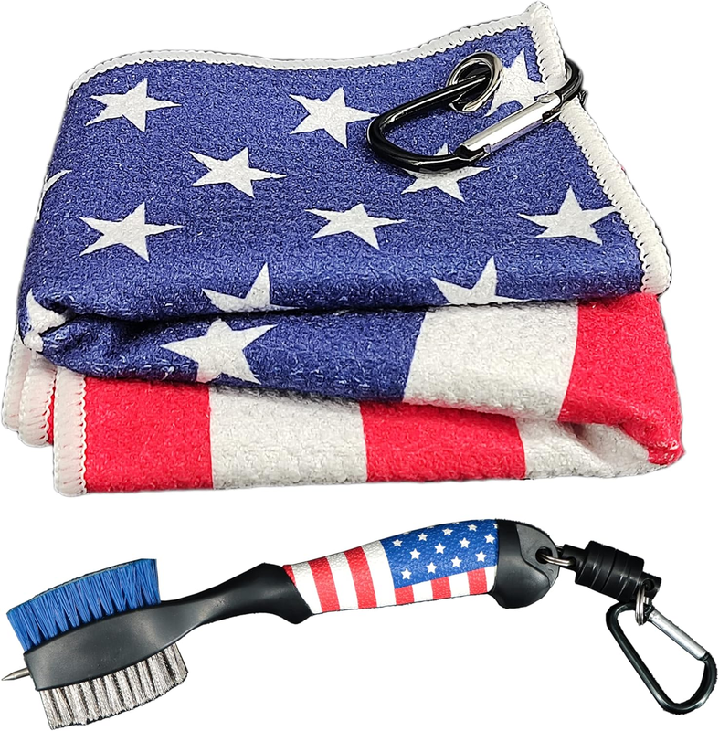 Golf Club Brush and Towel Set Magnetic Groove Cleaner Microfiber American Flag