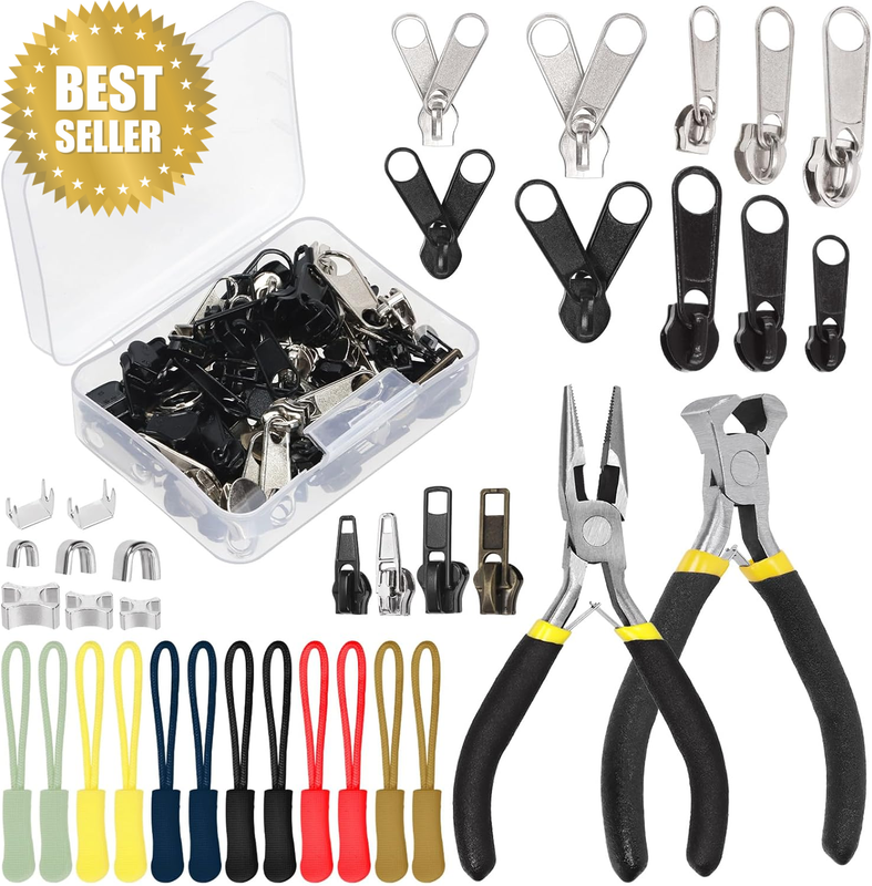144Pcs Zipper Repair Kit with Zipper Install Plier and Needle Nose Pliers Assort