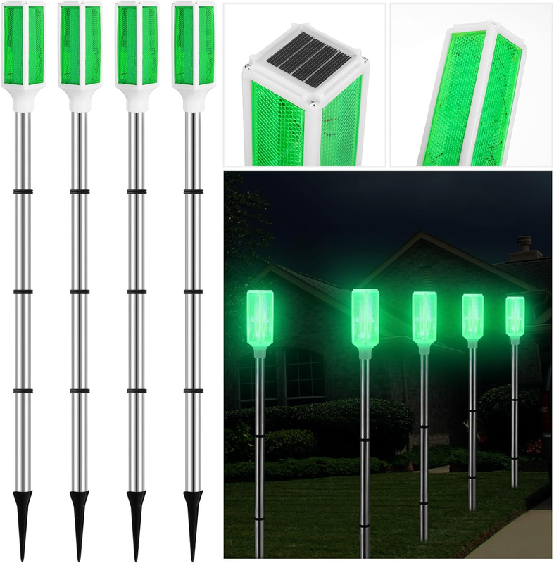 Solar Powered Driveway Markers Driveway Lights Landscape Driveway Reflectors on Poles for Snow Road Outdoor Yard (Green,4 Pcs)