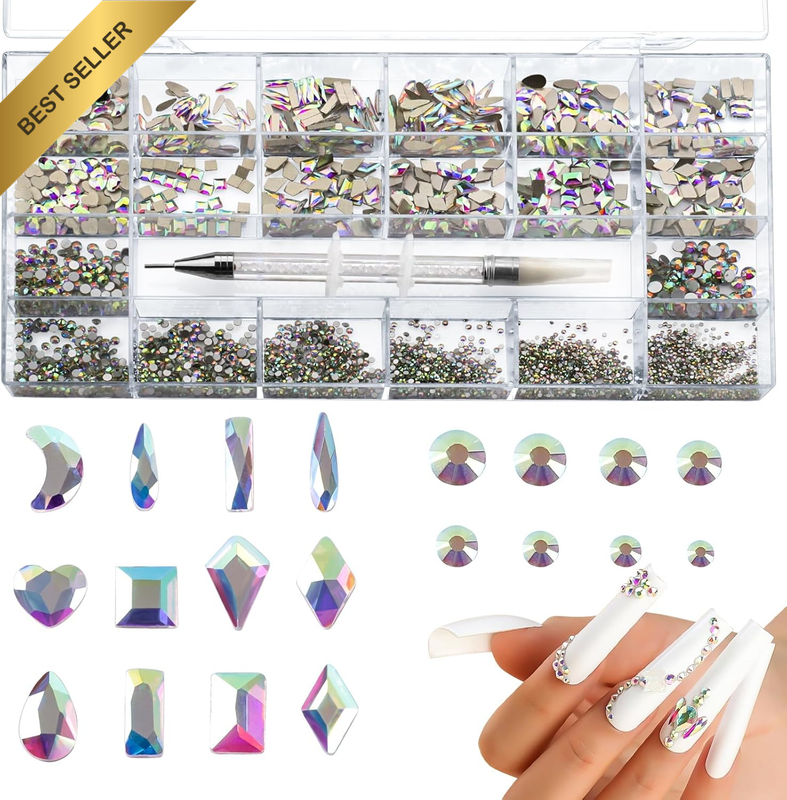 Nail Rhinestone, Crystal AB Nail Art Rhinestones Kit: 600 Crystal AB Diamonds +