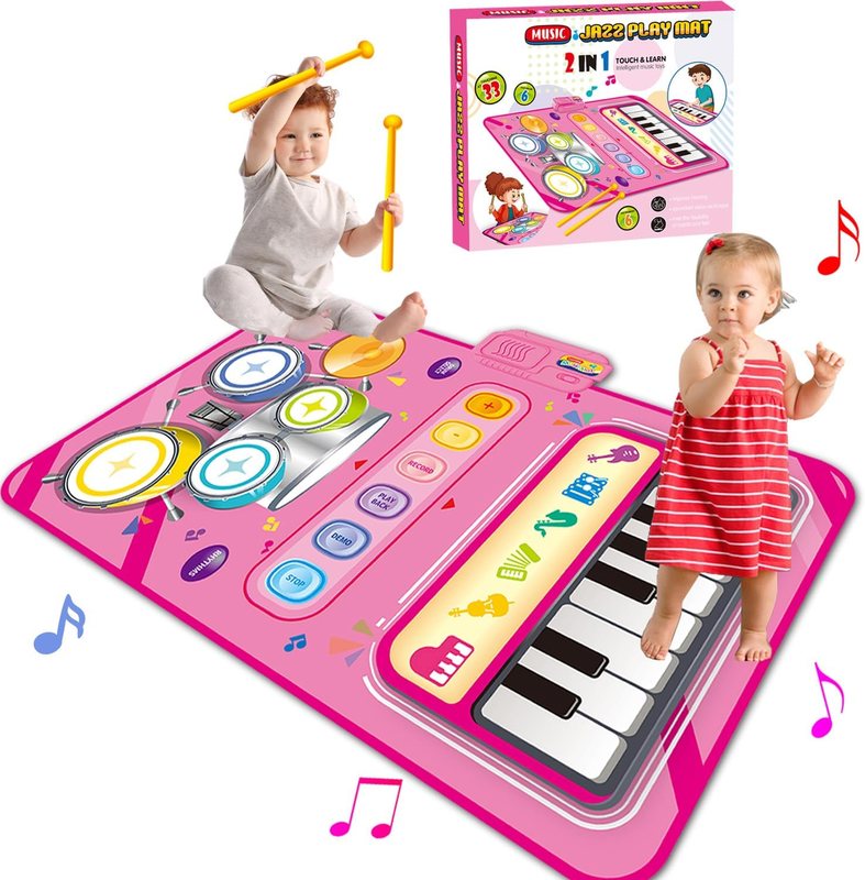 For 1 Year Old Girl Gifts, 2 In 1 Musical Piano&drum Mat, Baby Infant Pink