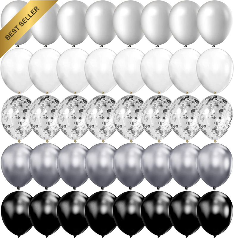 100PCS 12in Chrome Metallic Confetti Balloons Silver Black White Latex Party Dec