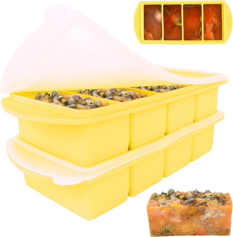 2 Pack Silicone Freezer Tray with Lid 4-Compartment 1000ML, Bpa-Free 1-Cup Porti