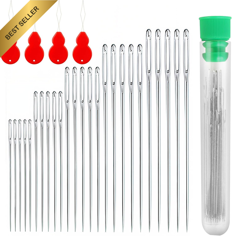 25 Pcs Sewing Needle Set with 4 Threaders - Stainless Steel Large-Eye Hand Needl