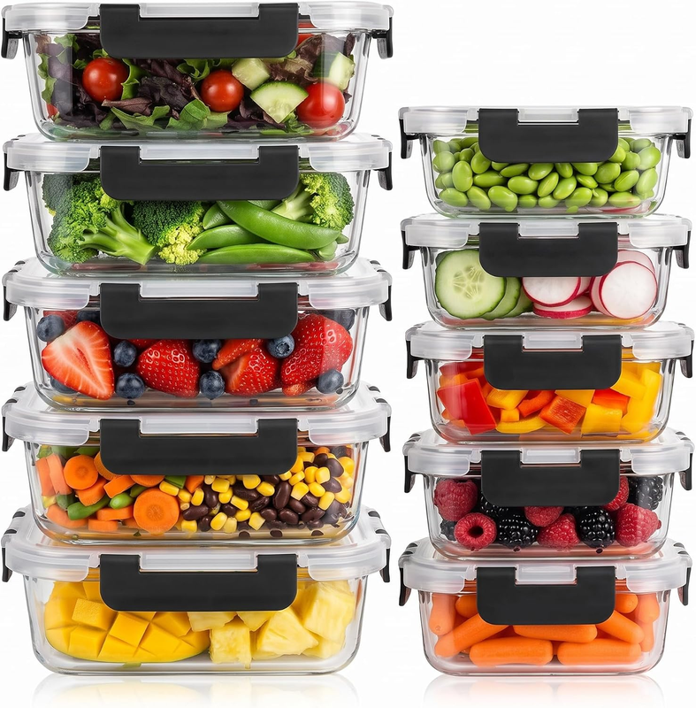 Glass Food Storage Containers 10 Pack with Lids, 2 Sizes Containers