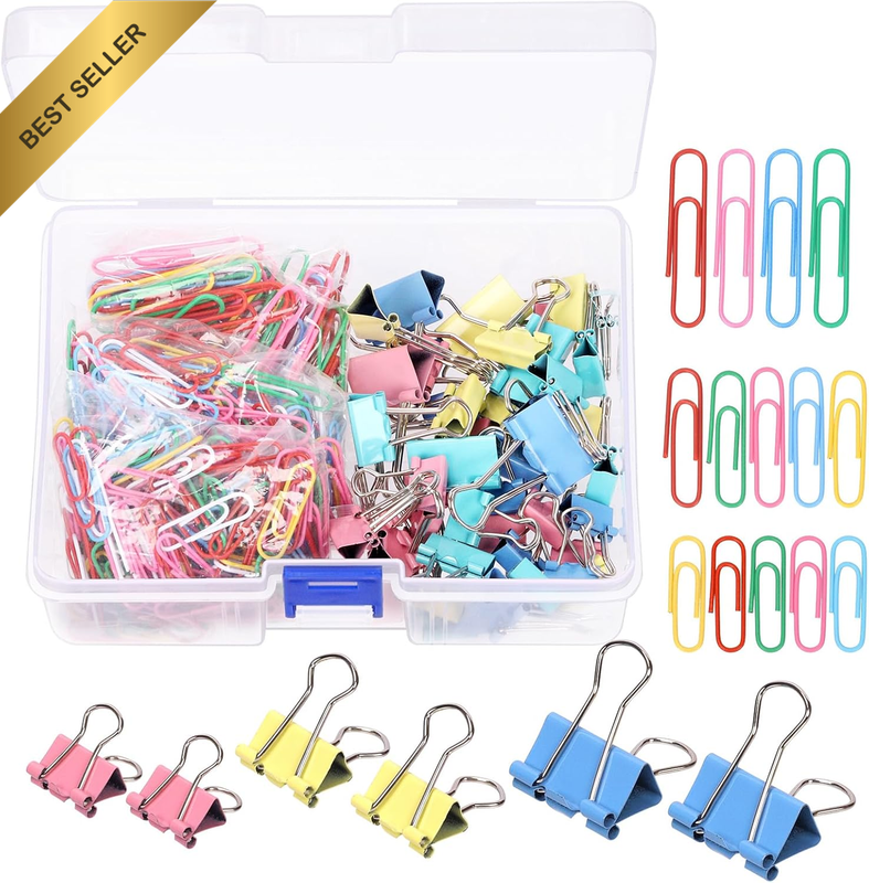 350Pcs Colorful Binder Clips and Paper Clips Set, Assorted Sizes Paper Clamps Cl