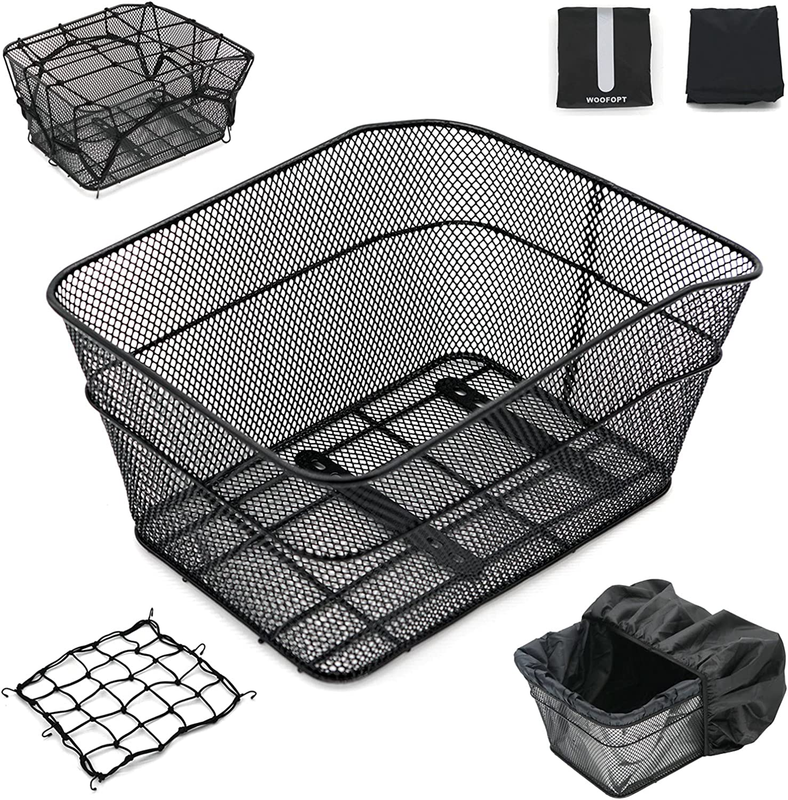 Rear Bike Basket, Bike Basket Rear with 2 Rainproof Covers and Cargo Net, Metal
