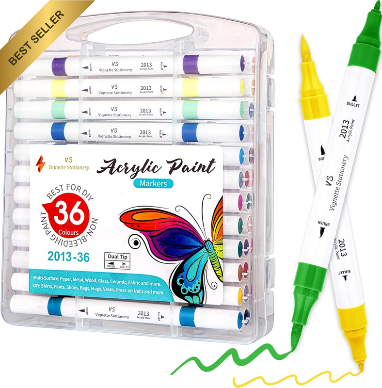 36 Acrylic Paint Pens Dual Tip Brush Fine Rock Glass Wood Fabric DIY