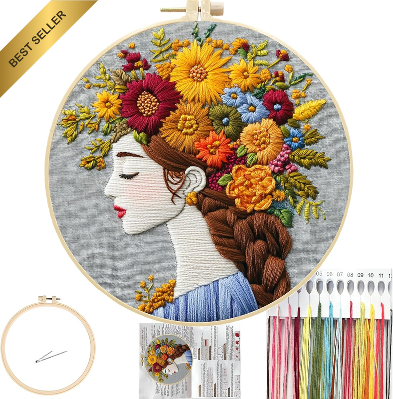 Floral Women Embroidery Kit for Beginners, Colorful Long Hair Girl Pre-Stamped P