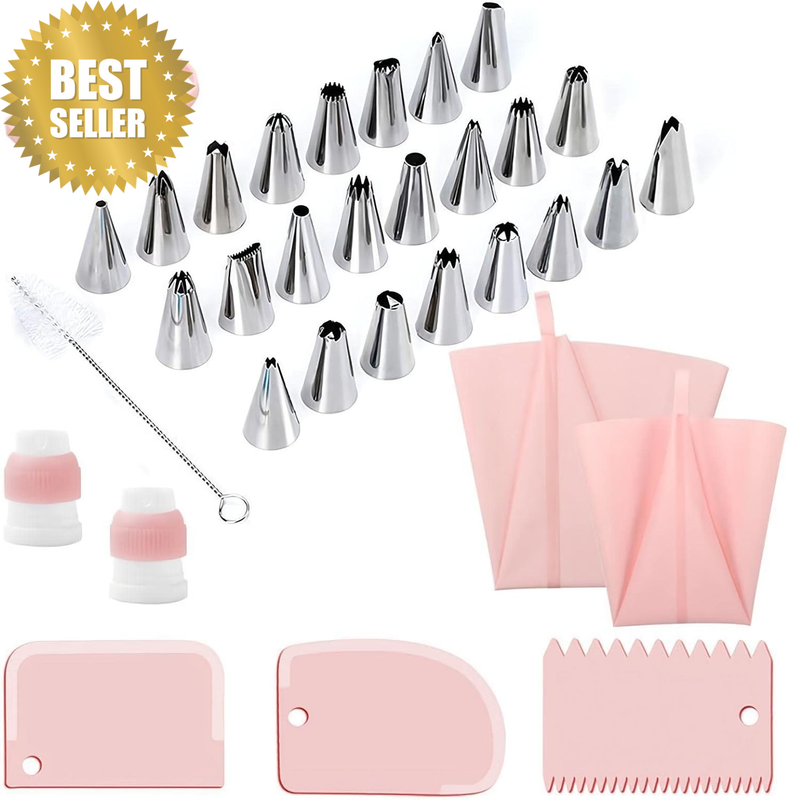 34Pcs Piping Bag and Tips Set Stainless Steel Nozzles Silicone Baking Kit