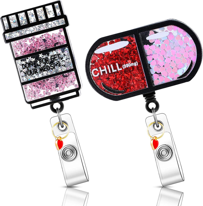 2 Pcs Nurse Shaker Badge Holder Cute Retractable Badge Reel Glitter Nursing ID B