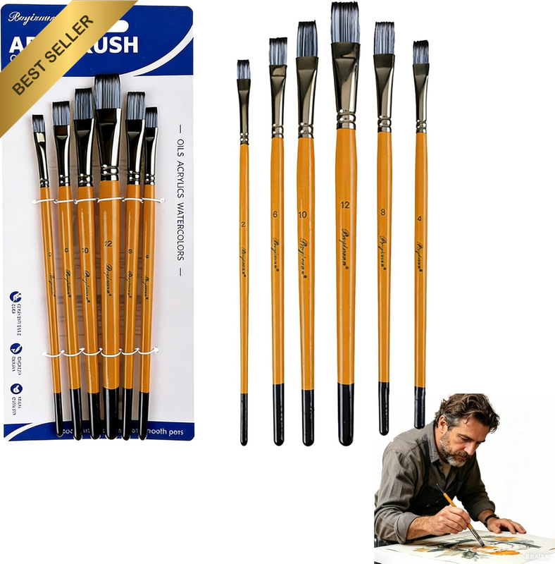 Flat Artist Paint Brushes Set of 6, Wooden Handle Acrylic Watercolor Gouache Bru
