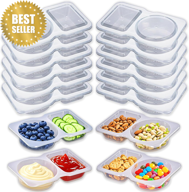 11 Sets Reusable Snack Containers with Lids, Double Compartment Condiment Contai