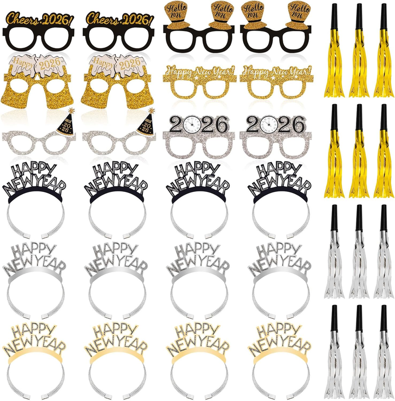36PCS 2026 NYE Party Supplies  Headbands, Glasses, Noise Maker...