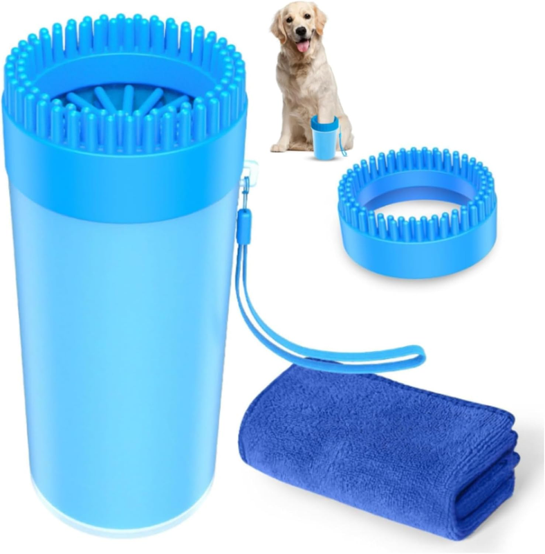 Dog Paw Cleaner Cup with Soft Silicone Bristles, Blue, Detachable Body Wash Brus