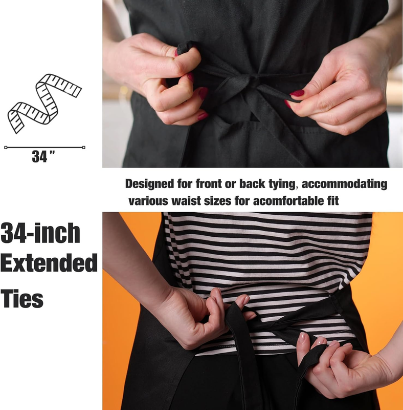 12 Pack Bib Apron - Unisex Black Apron Bulk with 2 Roomy Pockets Machine Washabl