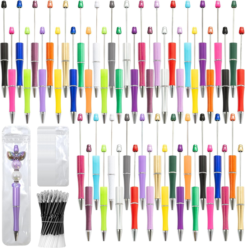 150 Pieces DIY Beadable Pen Kit – 50 Plastic Ballpoint Pens with Refills & Bags,
