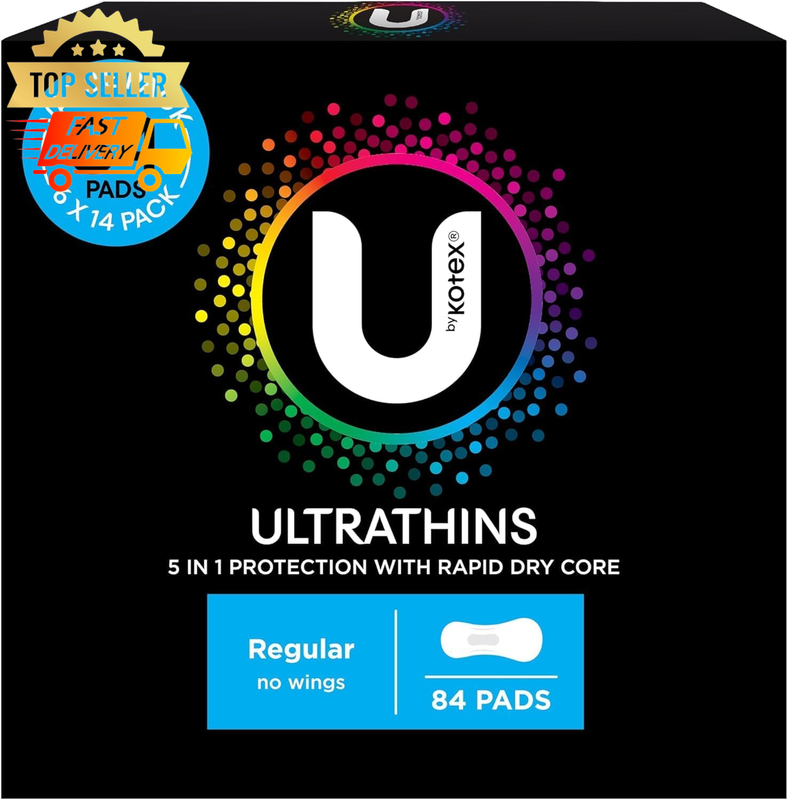 U by Kotex Ultrathin Regular Pads 84 Count, No Wings, Fast Absorb, 6x14 Pack