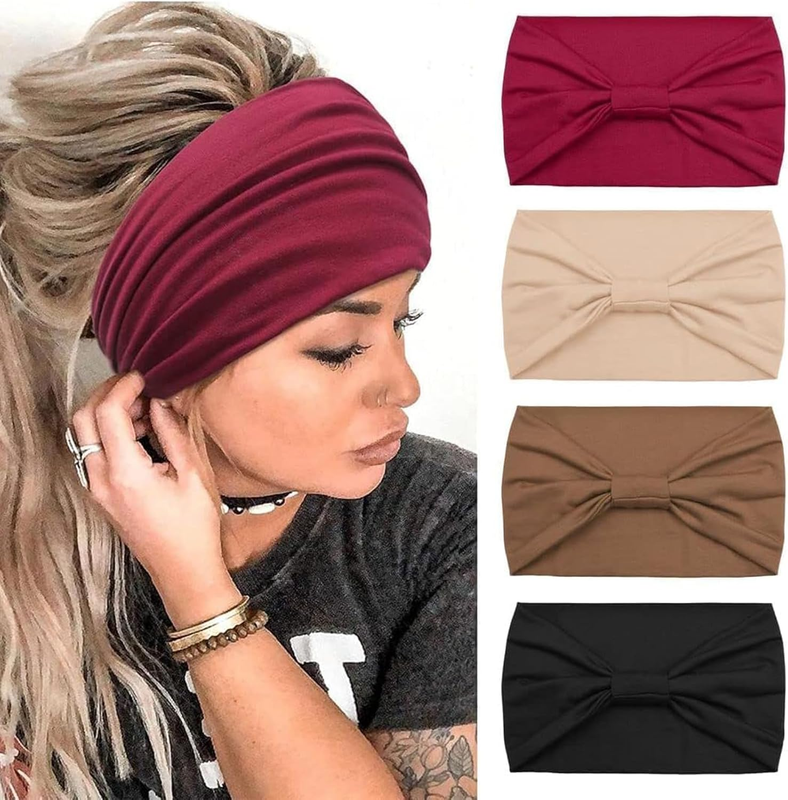 4PK Wide Turban Headbands Non-Slip Yoga Sport Hair Bands Elastic Solid Color