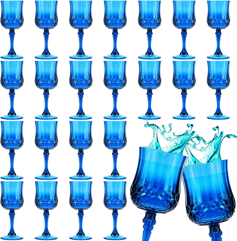 50 Pcs Blue Plastic Wine Glasses Goblet Champagne Flutes Glasses Vintage Style Drinking Glasses Dishwasher Safe for Wedding, Reception, Grand Event Party Supplies