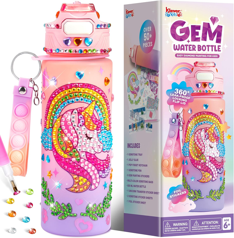 Decorate Your Own Water Bottle Kits for Girls Age 6+, Unicorn DIY Gem Diamond Pa
