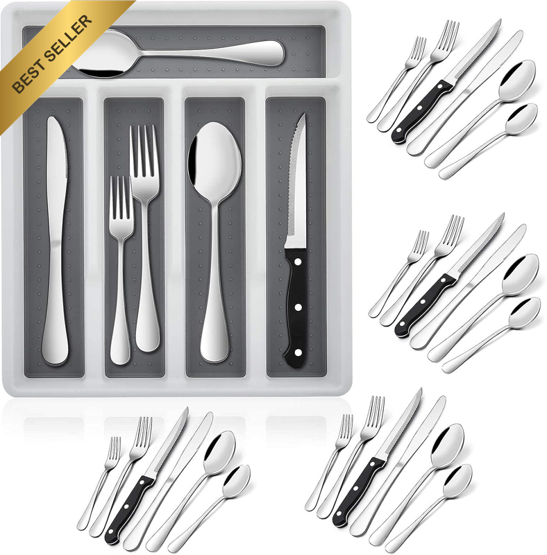 Cutlery Set 24PC for 4 SS Steak Knife Flatware with Organizer Utensil