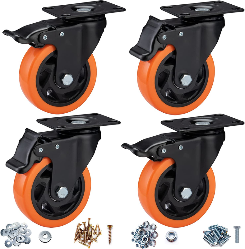 Casters, 4" Caster Wheels，Casters Set of 4 Heavy Duty - Orange Polyurethane Cas