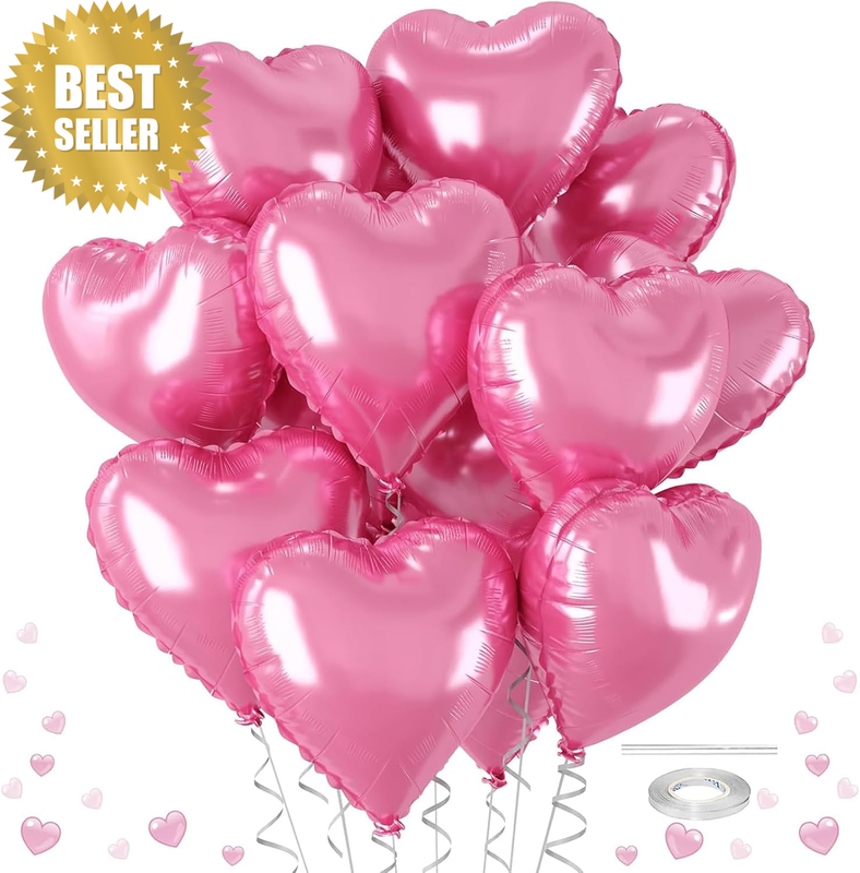 25Pcs Pink Foil Heart Shaped Balloons 18 Inch Heart Mylar Balloons Foil Love Bal