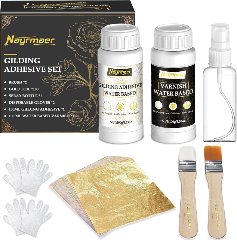 Gold Leaf Kit, 100ml x2 Gilding Adhesive Set, Water Based Adhesive and Varnish w
