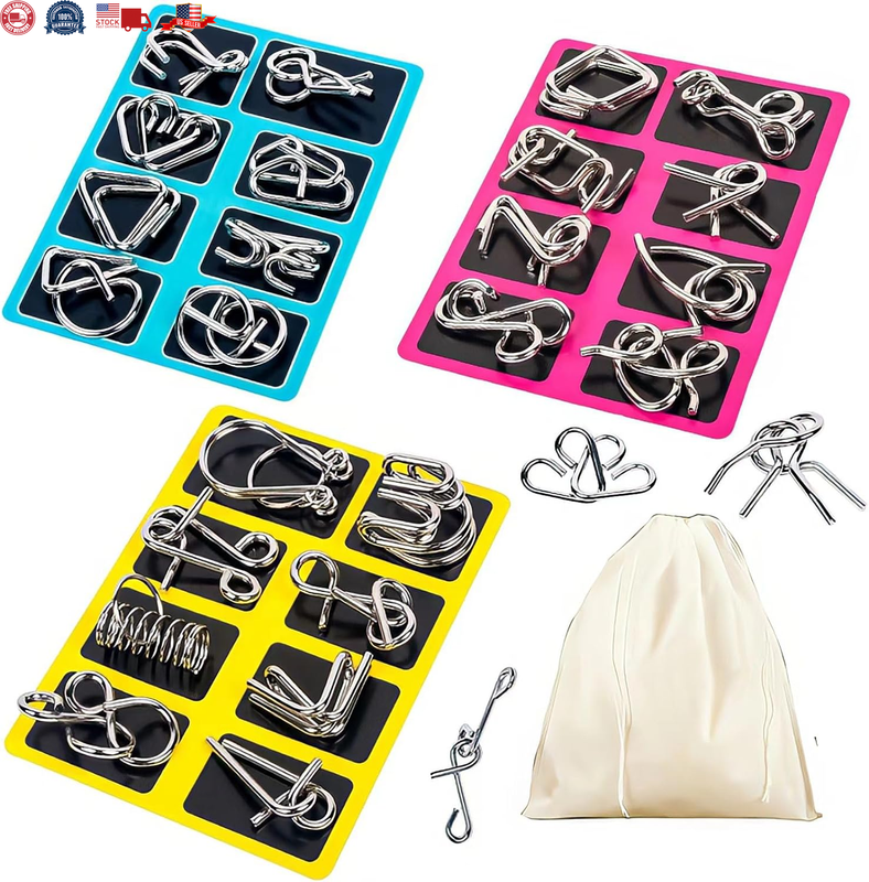 Metal Wire Puzzle Set of 24with Pouch Brain Teaser IQ Test Unlock Interlock Game