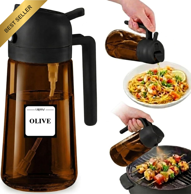 2-In-1 Olive Oil Dispenser Spray Bottle 470Ml, Dark Glass Oil Sprayer for Cookin