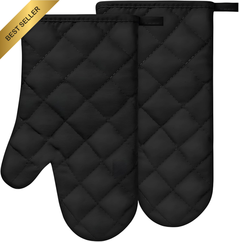 Black Quilted Oven Mitts, Heat Resistant Up, Thickened Cotton, Non-Slip Kitchen