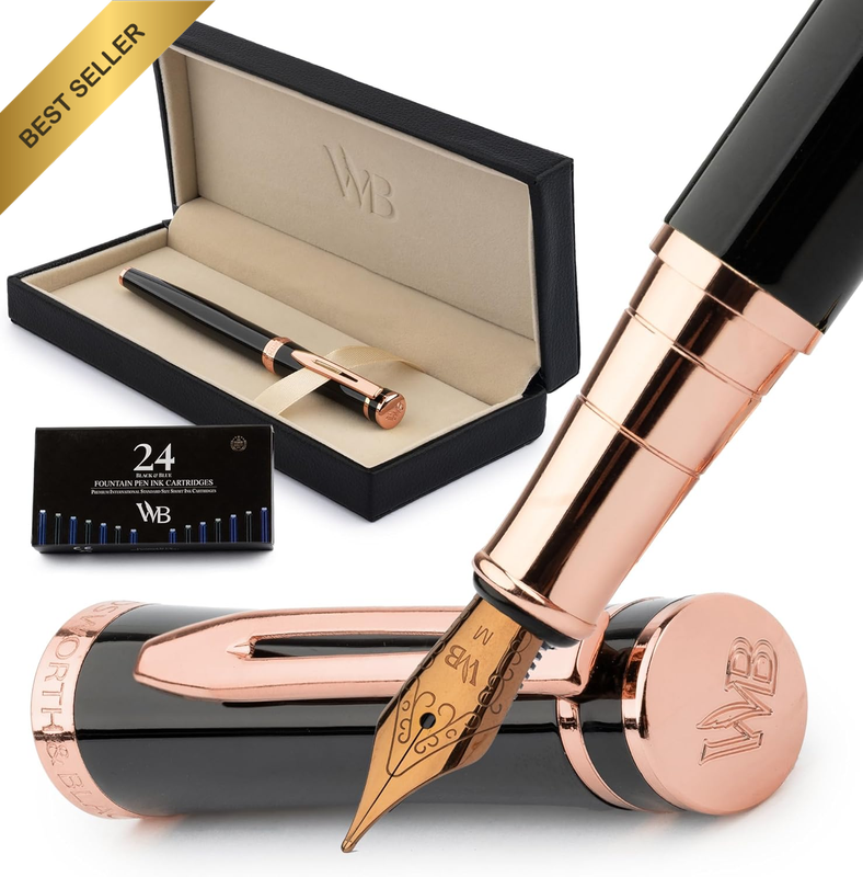 Fountain Pen Set, 18K Gilded Medium Nib, Includes 24 Pack Ink Cartridges, Ink Re