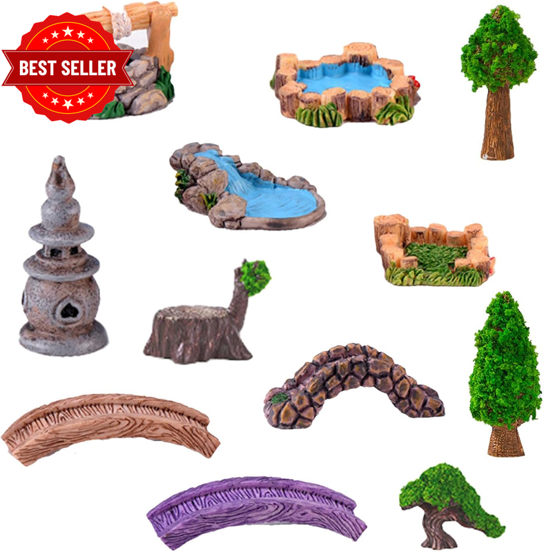 Miniature Fairy Garden Ornaments Set - Mini Garden Bridge, Lighthouse, Water Wel