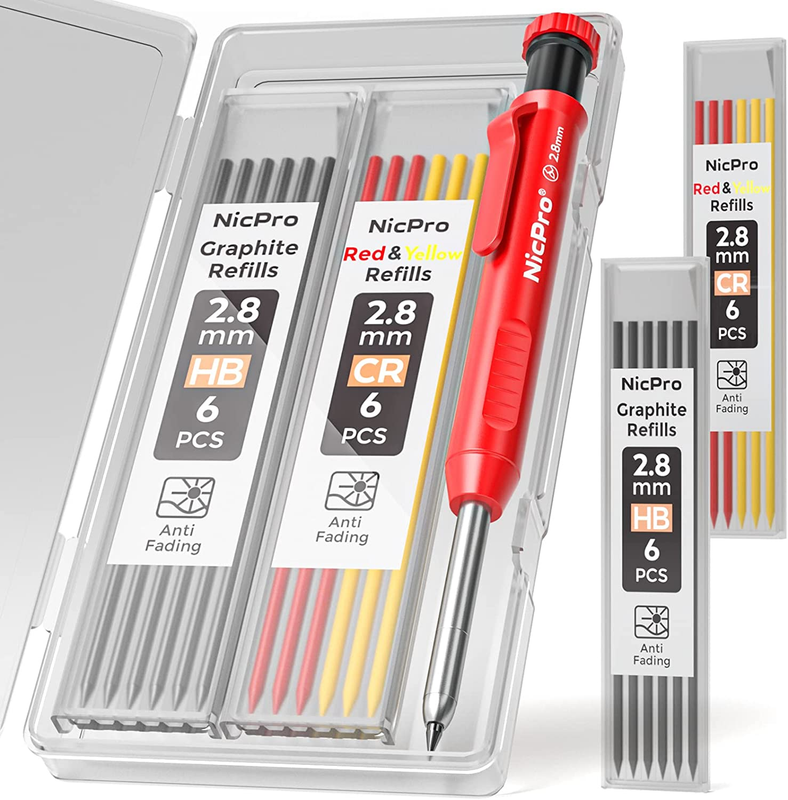 Solid Carpenter Pencil for Construction with 13 Refills Leads and Buil...