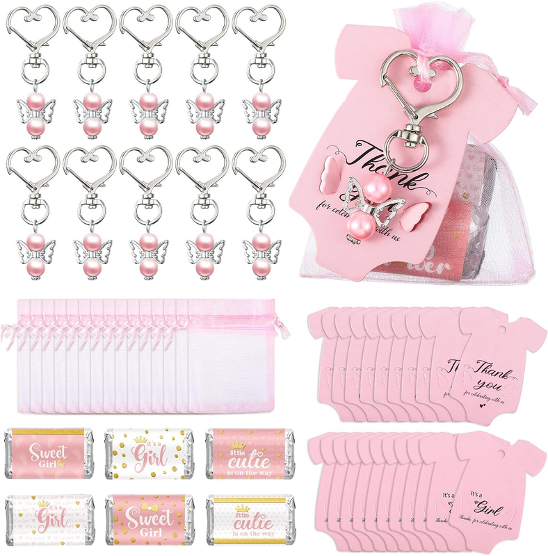 Teling 50 Sets Baby Shower Party Favors, Angel Key Chains Bags Tags, Pink