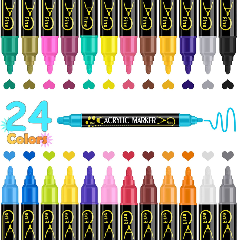 24 Colors Dual Tip Acrylic Paint Pens Markers, Premium Acrylic Paint Pens for Wo