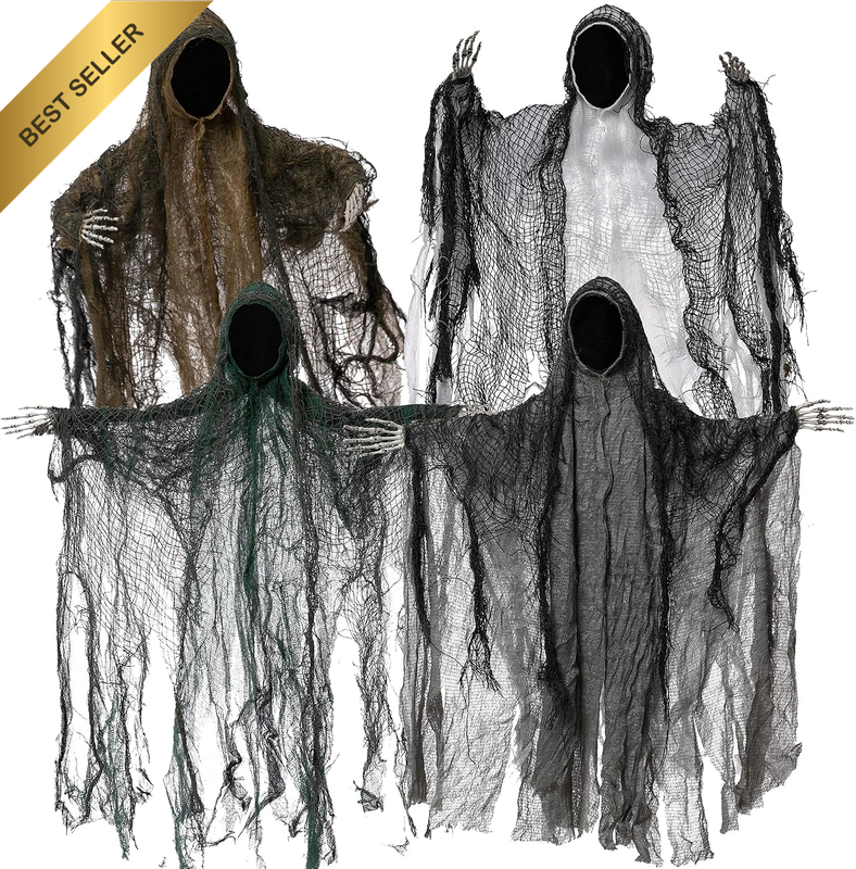 4 Pack 19'' Halloween Hanging Ghost Decoration, Faceless Grim Reaper Set with Po