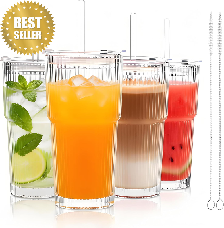 4 Pack 600Ml Ribbed Iced Coffee Cups with Straws and Lids, 2 Straw Brushes | Thi