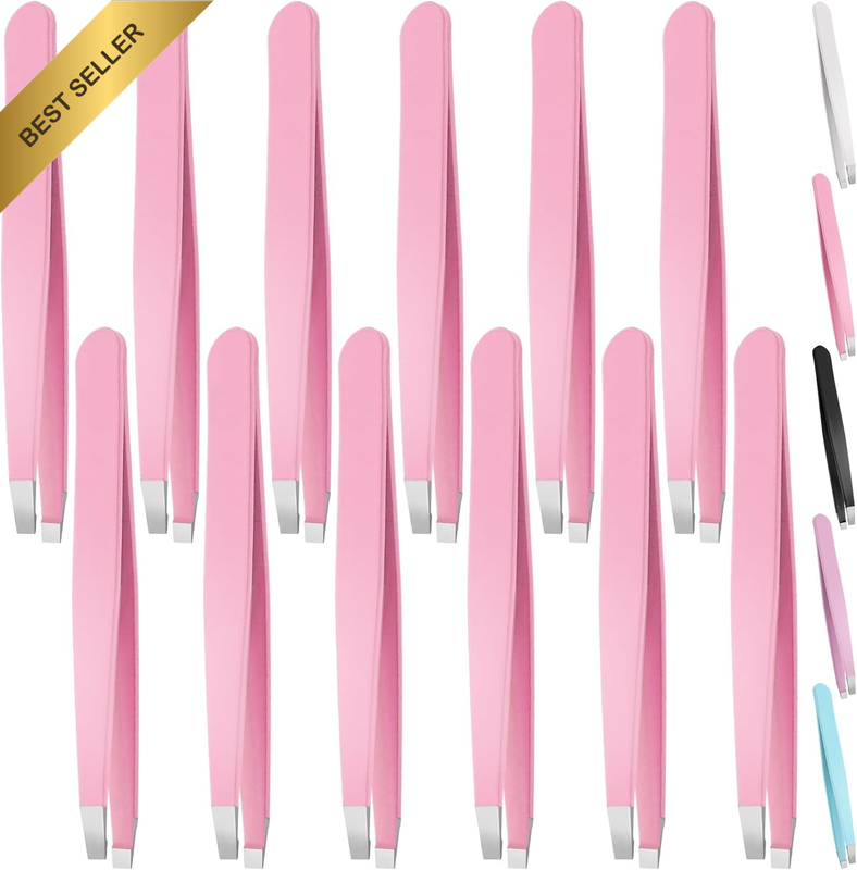 12Pcs Pink Eyebrow Tweezers Set Stainless Steel Slant Tip Precision Hair Tool