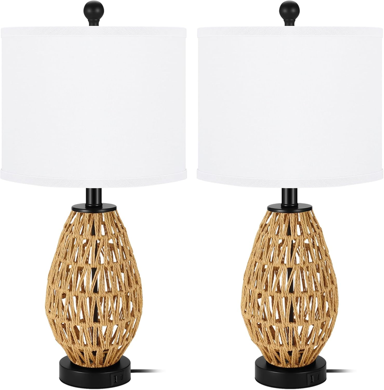 Coastal Table Lamps Set of 2, Retro Rattan Woven 24