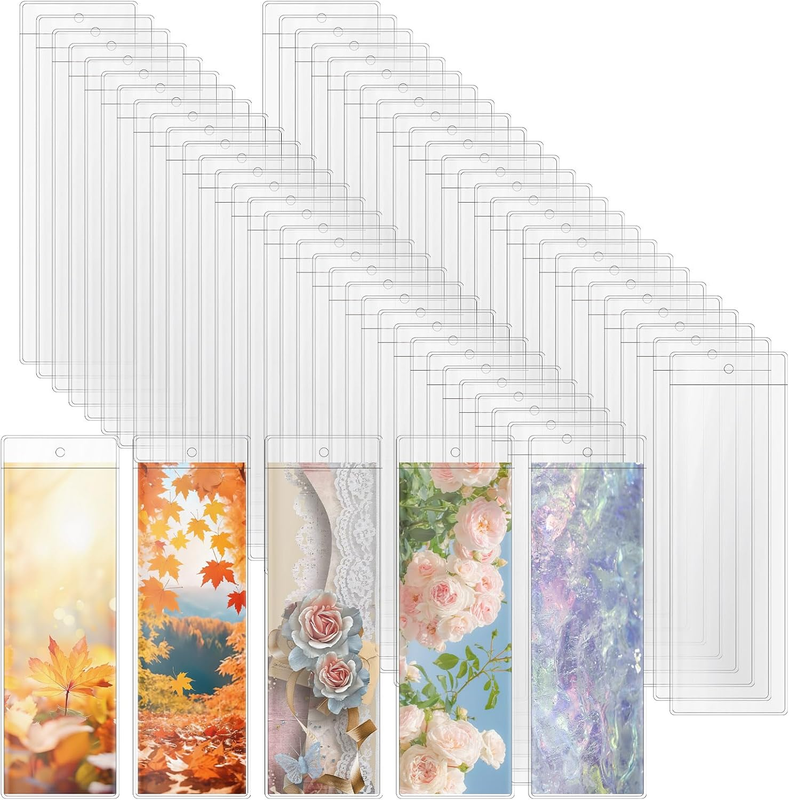 100 PCS Clear Bookmark Sleeves, 7.5 X 2.5 Inch Blank Bookmark Holder Large Clear Photo Booth Sleeves with Hole Book Marker Cover Holder for Wedding Valentine’S Party Favor Decoration