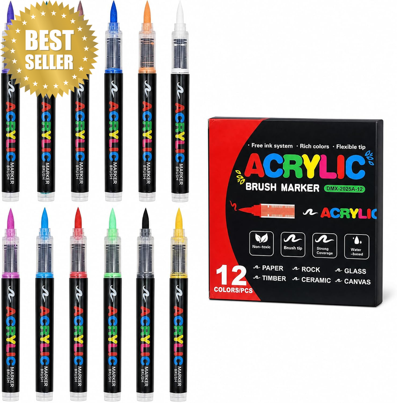 12 Pcs Acrylic Paint Pens, Brush Tip Water-Based Opaque Colours, Black Box | Opa