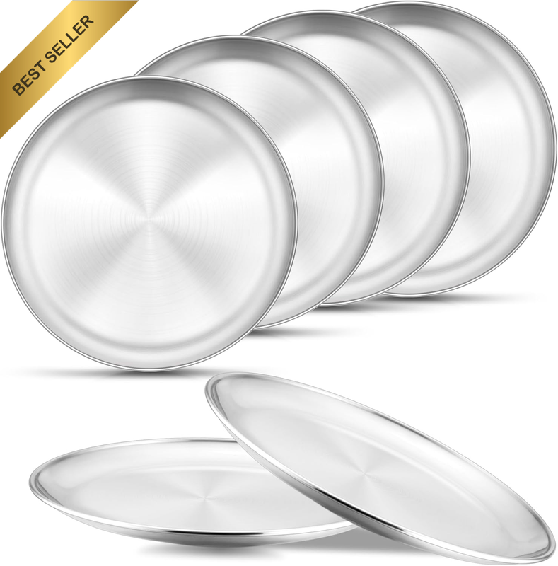 6-Piece Stainless Steel Plates, 9 Inch Metal Dinner Plates Dishes for Home, Picn