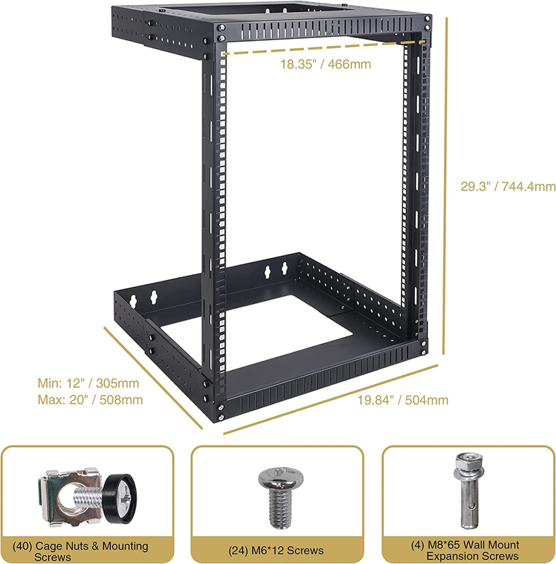 2-Post 15U Wall-Mount Open Frame Server and Network Equipment Rack with Adjustab