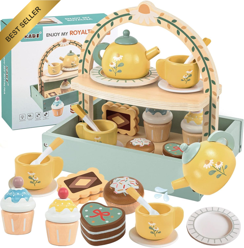 Wooden Tea Party Set for Kids, Pretend Play Tea Set with Desserts & Carry Case,
