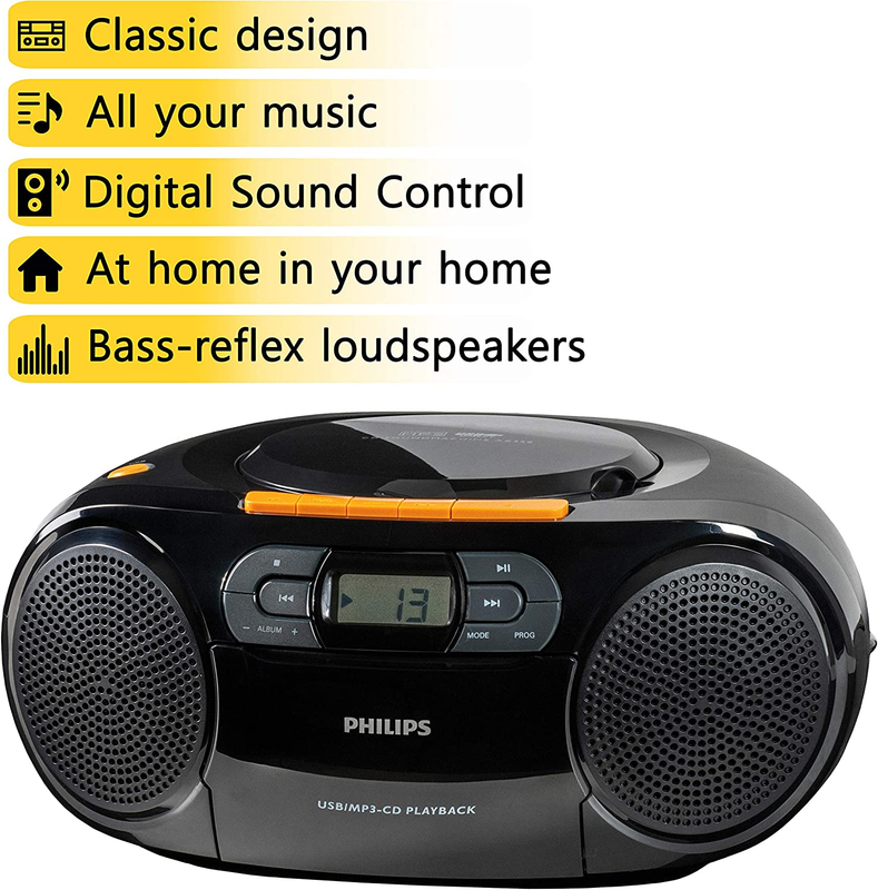 Philips Stereo CD Cassette Player, Portable Boombox, USB, FM, MP3, Tape, AZ328
