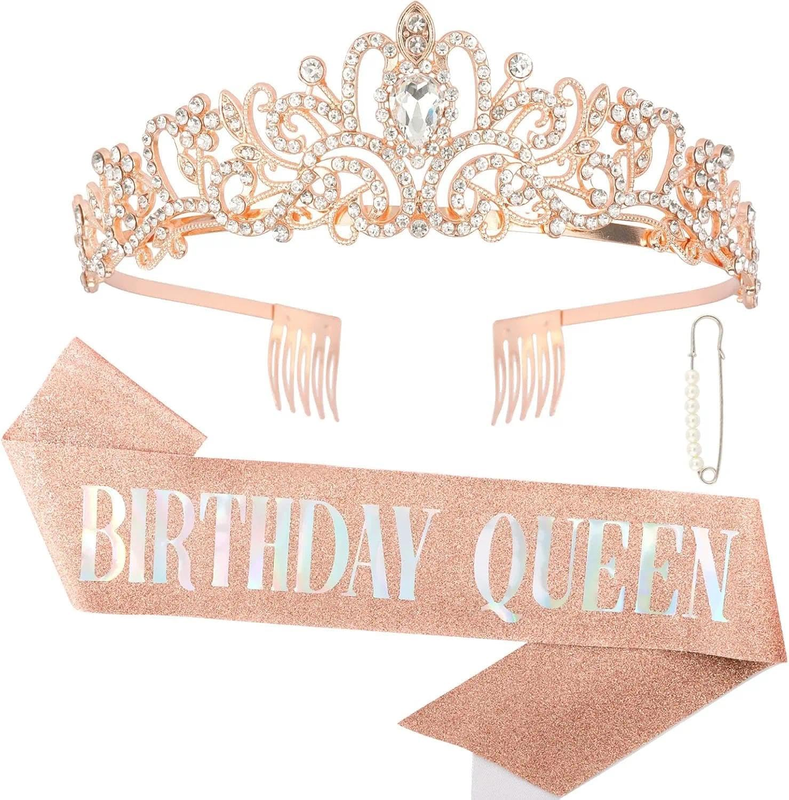 Elegant Gold Queen Tiara & Sash Set - Sparkling Birthday Crown for Women'S Bache