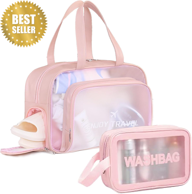 Travel Toiletry Bag, 2PCS, Pink | Waterproof Makeup Cosmetic Bag with Handle, fo